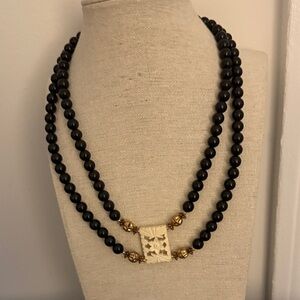 Vintage Necklace ‘90’s 2 Black Bead Strands with White Carved Center Element.